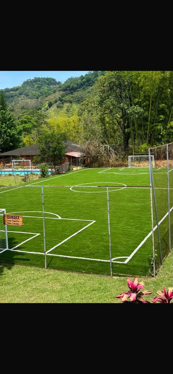 Cancha de fútbol sintética con vista a la montaña