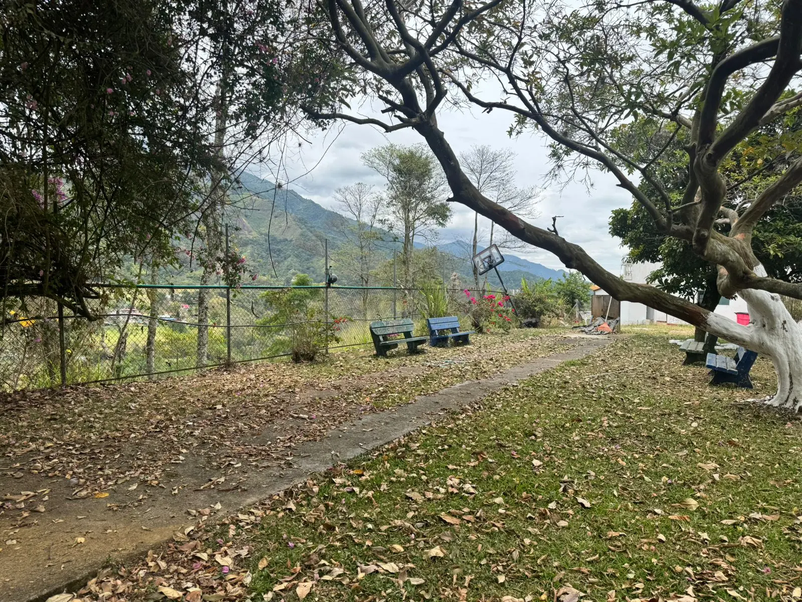 Zona verde con bancas y vista a las montañas